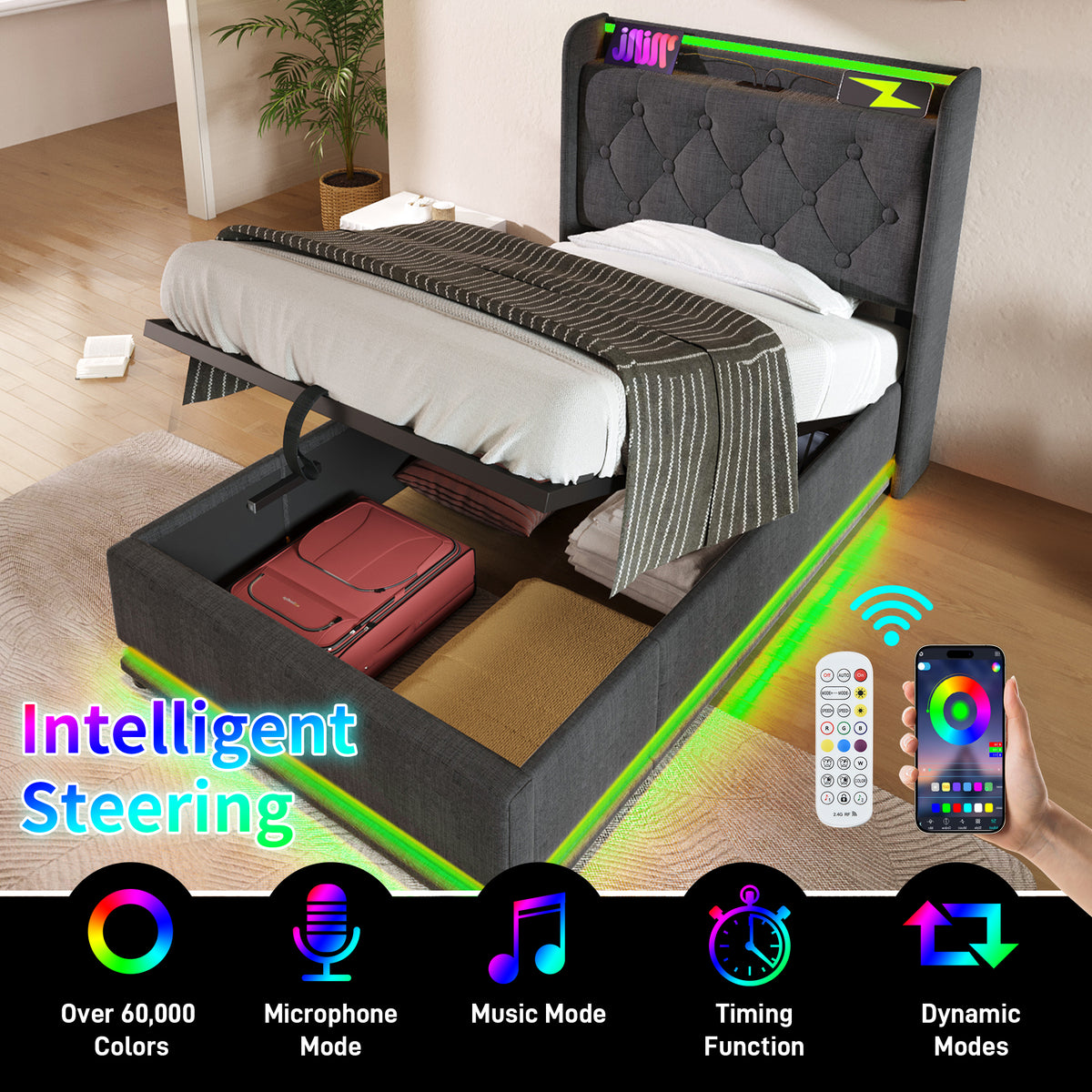 variant-group:rf-n736p188805g|Roomfitters Twin Size Upholstered Storage Bed with USB Type-C Charging and Remote Control, Linen Gray