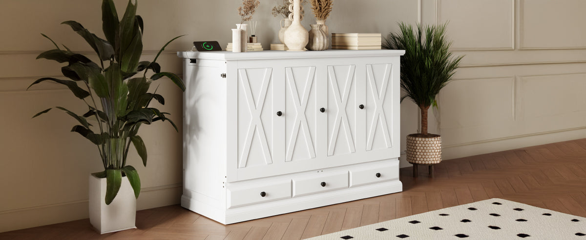 variant-group:rf-n701bs701p170501k|Roomfitters Full Size Murphy Bed Cabinet with Charging Station and Storage Drawer, Freestanding Fold Out Guest Bed, White