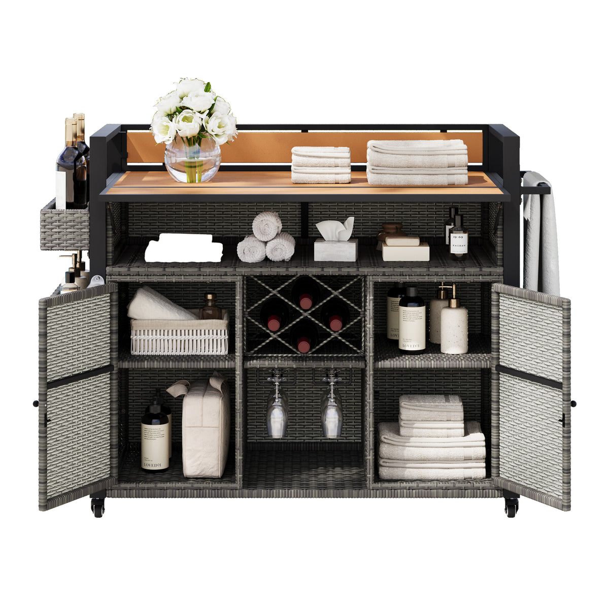 variant-group:rf-n707p233747g|Roomfitters 52.8" Wicker Outdoor Grill Cart with Plastic Wood Table, Rolling Island with Storage Cabinet, Double Handles, Grey