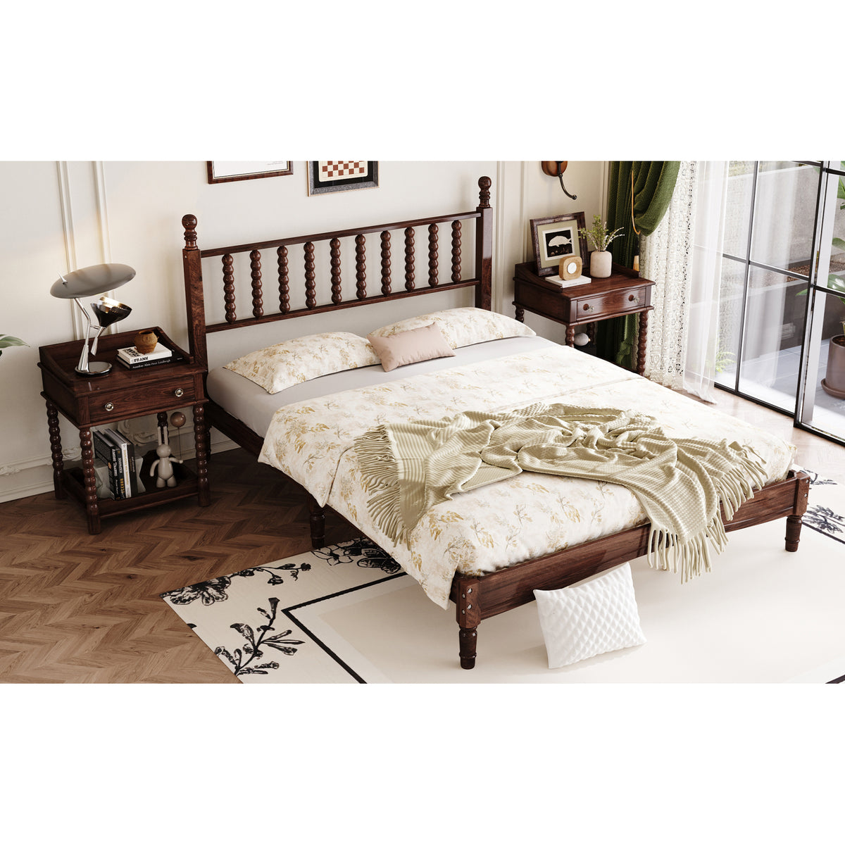 variant-group:rf-n733p206242d|Roomfitters Queen Size Wood Platform Bed with Gourd Shaped Headboard, Retro Style Platform Bed with Wooden Slat Support, Walnut