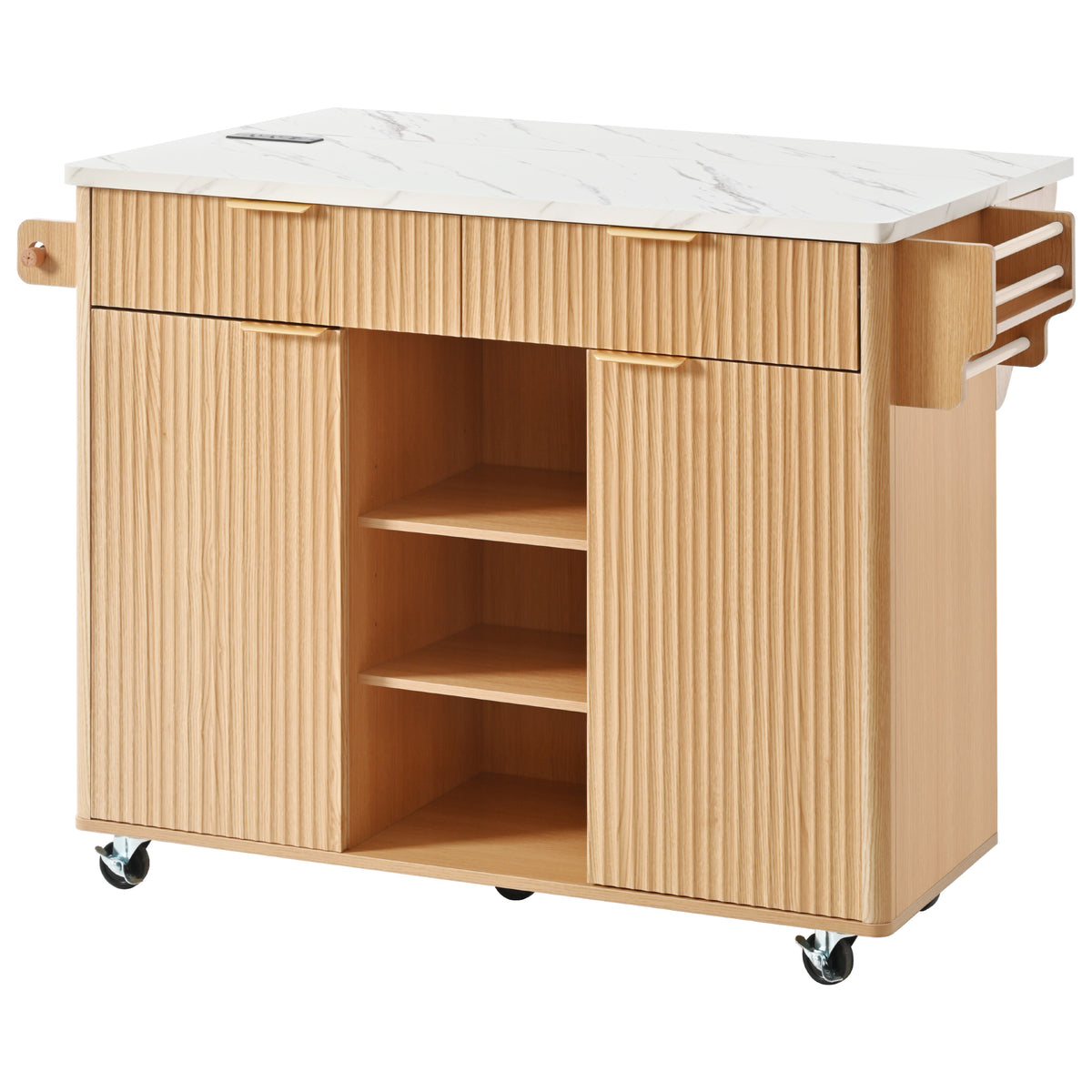 variant-group:rf-n707s000019y|Roomfitters 52" Fluted Kitchen Island with Drop Leaf, Power Outlet & Faux Marble Top, Natural