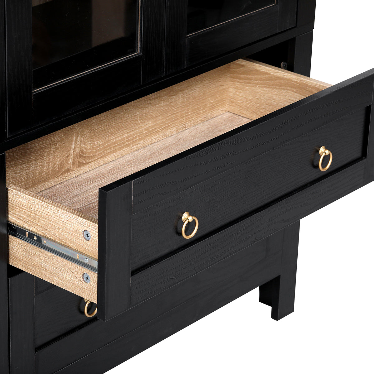 variant-group:rf-n707p288972b|Roomfitters 71" Pantry Cabinet with Arched Top and Glass Doors, 2 Storage Drawers and Adjustable Shelves for Kitchen, Black