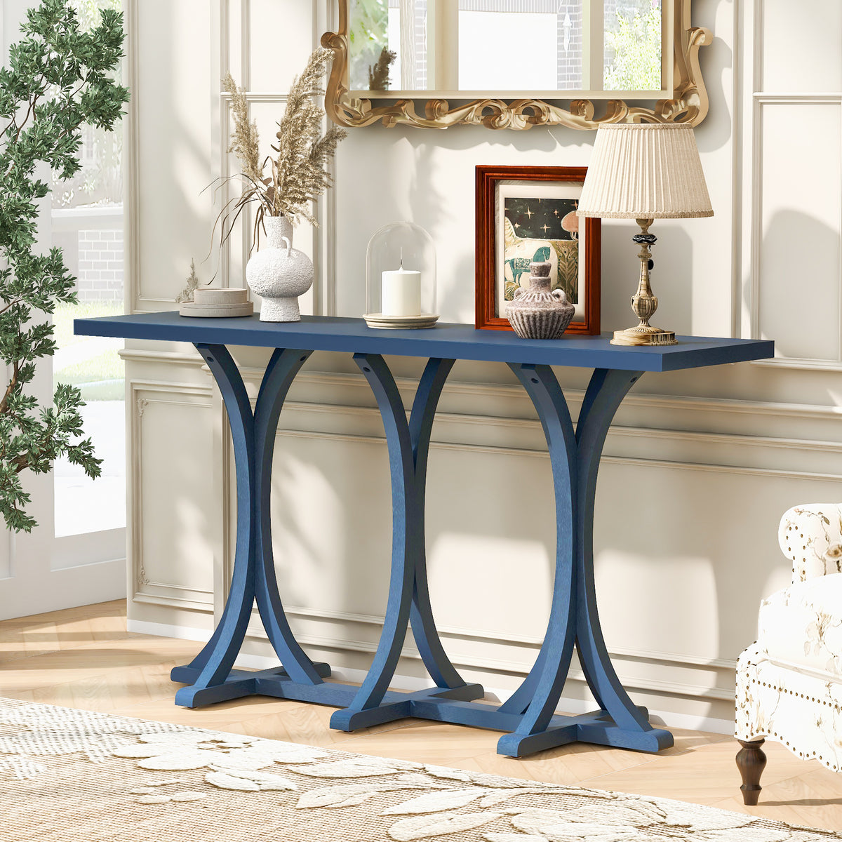 variant-group:rf-n711p295300v|Roomfitters 59.8" Console Table with Oak Veneer Top, Modern Arched Leg Entryway Sofa Table for Hallway & Living Room, Navy Blue