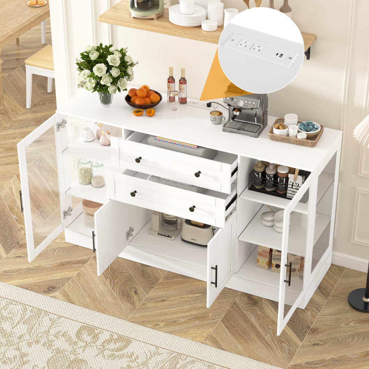 variant-group:rf-n711p437648k|Roomfitters Contemporary White Melamine MDF Buffet Sideboard Storage Cabinet Acrylic Doors Dining Room Kitchen Console