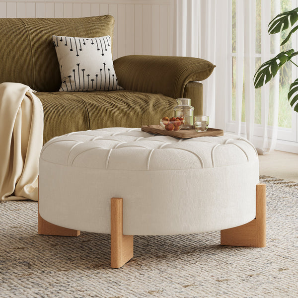 Roomfitters 32 Inch Oversized Round Button-Tufted Ottoman, Upholstered Coffee Table Footrest with Wood Legs