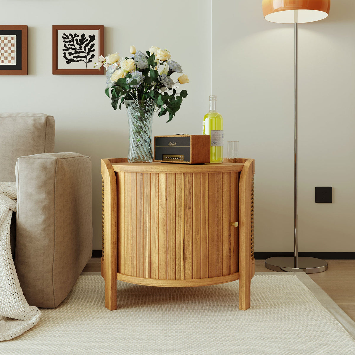 Roomfitters Modern Round Rotating Coffee Table with Woven PE Rattan Details, Antique Brown Roomfitters
