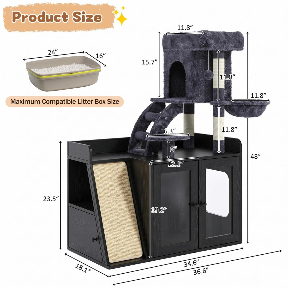 Roomfitters Modular Litter Box Enclosure with Built-In Cat Tree Tower Sisal Scratching Board and LED Light Black Roomfitters