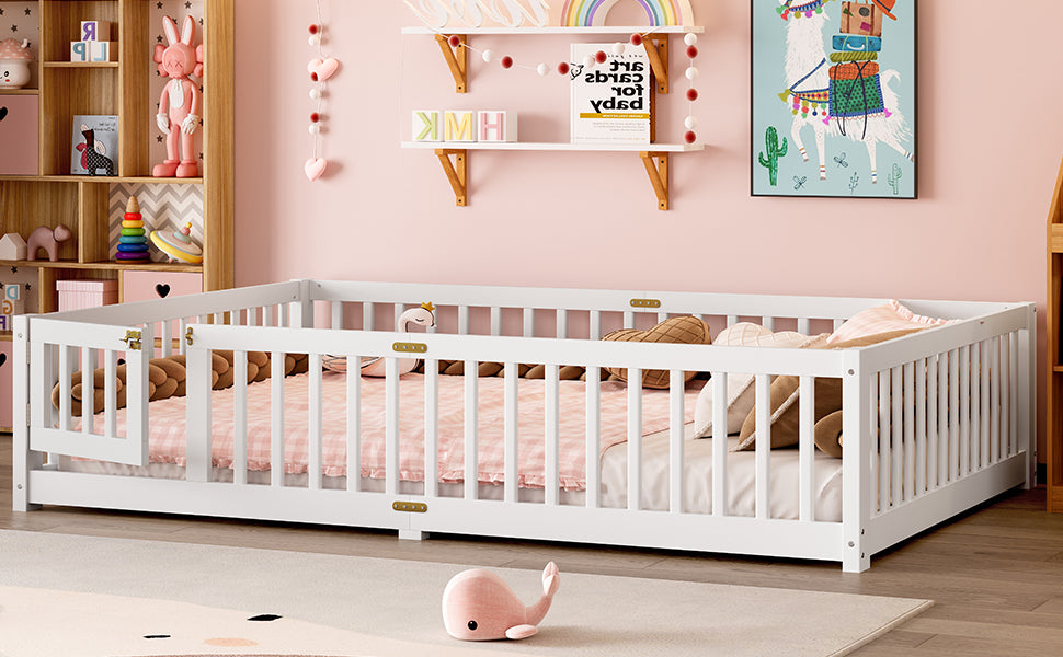 variant-group:rf-w1580p338953|Roomfitters Wooden Queen Floor Bed Frame with Door & Safety Guardrails, Low Platform Design for Bedroom or Playroom, White
