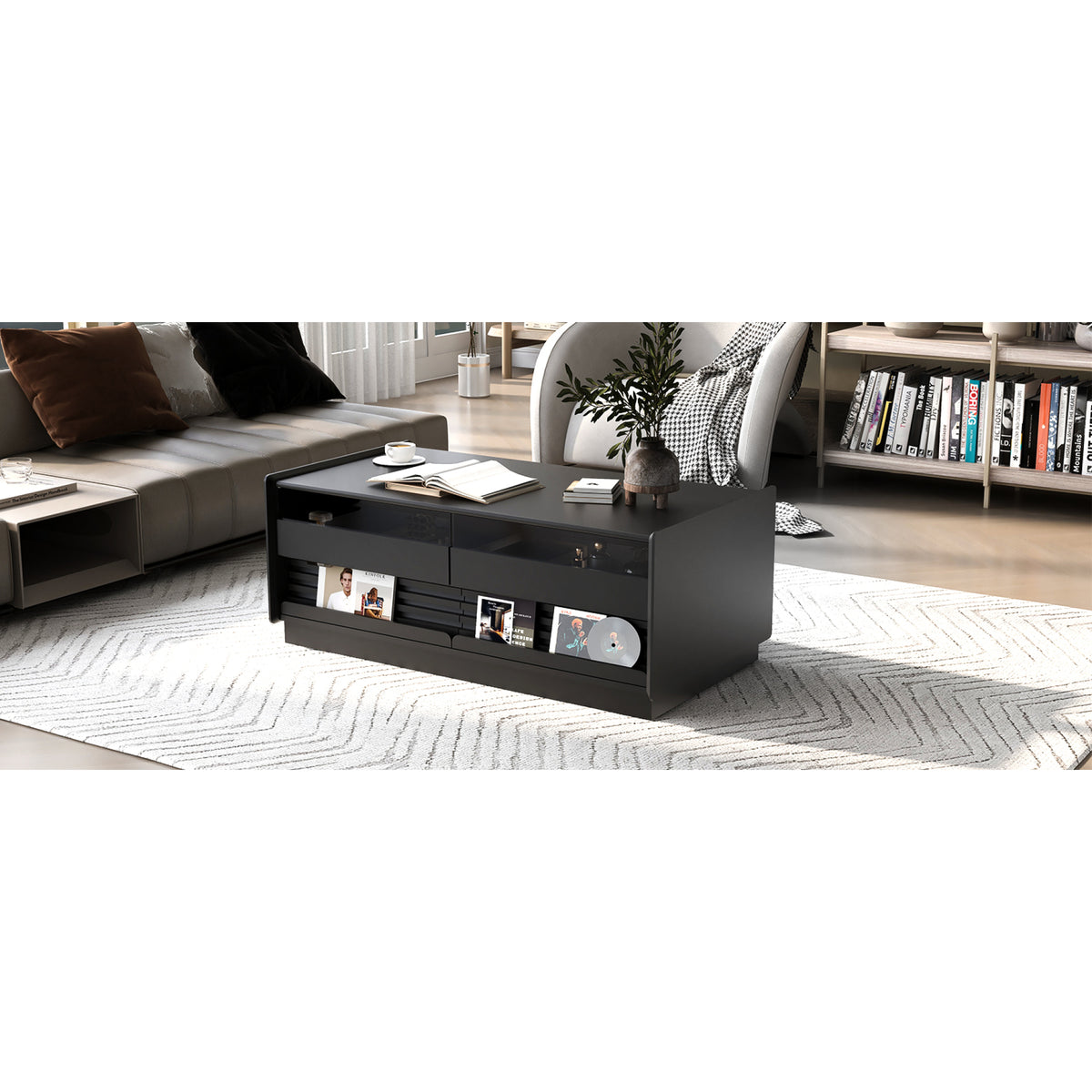 variant-group:rf-n724p286421b|Roomfitters Rectangle Coffee Table with Fluted Style, 4 Storage Compartments and Glass Display Shelves, Black