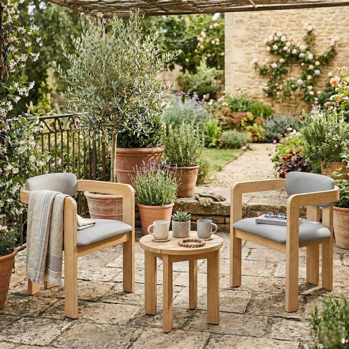 Roomfitters Set of 2 Outdoor Acacia Wood Dining Chairs with Fixed Ergonomic Wraparound Backrest Gray Cushions Roomfitters