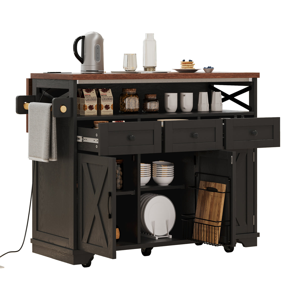 variant-group:rf-n707p254872b|Roomfitters 46.5" Rolling Kitchen Island with Drop Leaf, Mobile Cart with 2 AC Outlets & USB, Beaded Drape & 3 Drawers, Black