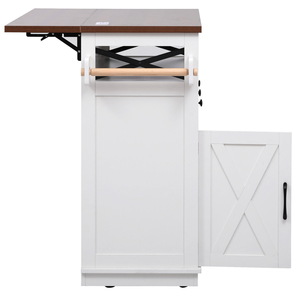 variant-group:rf-n707p254872w|Roomfitters 46.5" Rolling Kitchen Island with Drop Leaf, Mobile Cart with 2 AC Outlets & USB, Beaded Drape & 3 Drawers, White