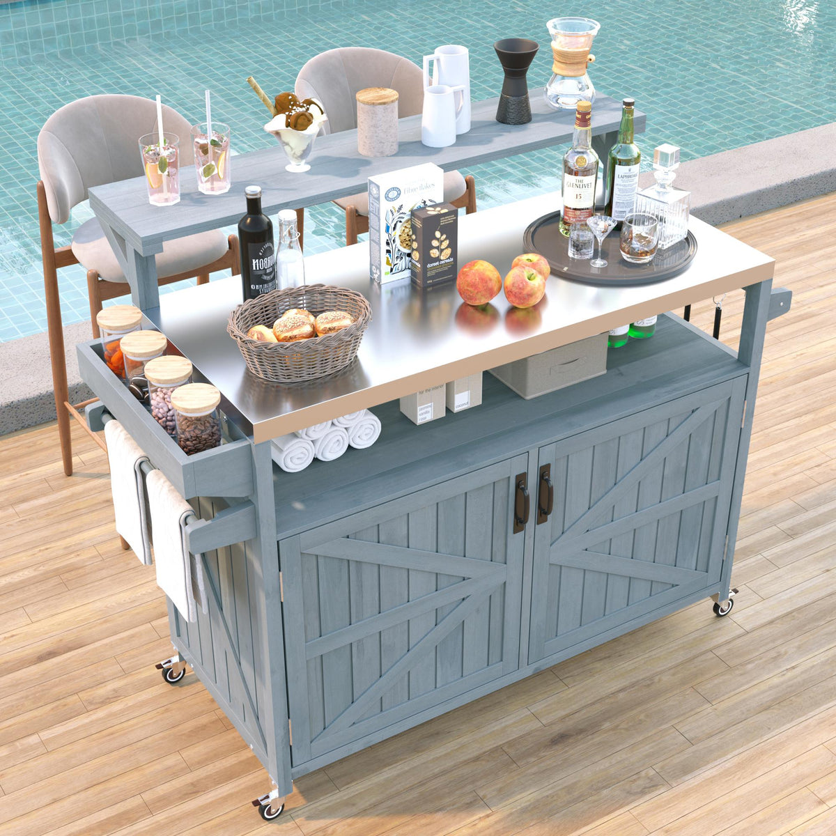 variant-group:rf-n707p250628g|Roomfitters 53.3" Outdoor Kitchen Island with Raised Shelf, Wood Storage Cabinet, Stainless Steel Top, Rolling Grill Cart, Grey Blue