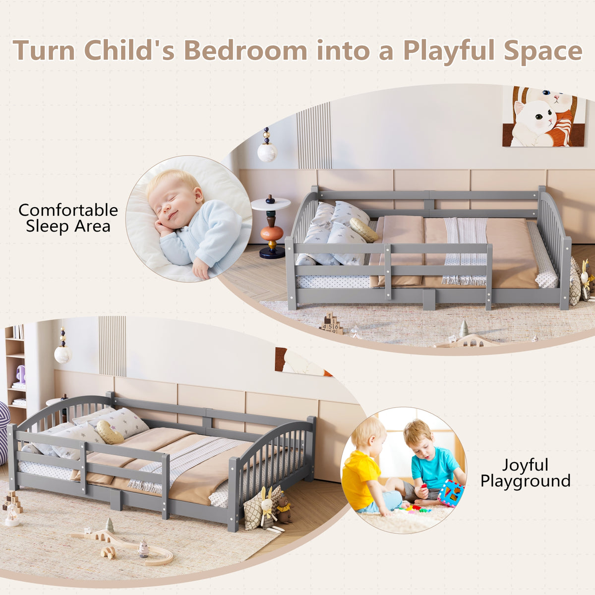 variant-group:rf-n733p400298e|Roomfitters Twin Montessori Floor Bed with Guardrails, Solid Wood Low Platform Bed with Slats, Easy Assembly, Gray