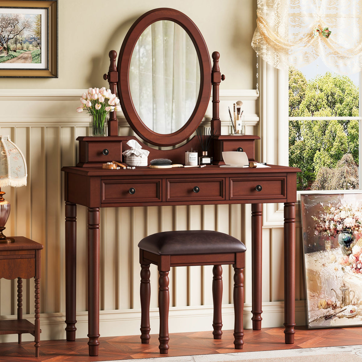 Roomfitters Vintage Vanity Desk with Adjustable Mirror, Makeup Table and Cushioned Stool Set, Wooden Dressing Table with 5 Drawers and Velvet Lining, Walnut