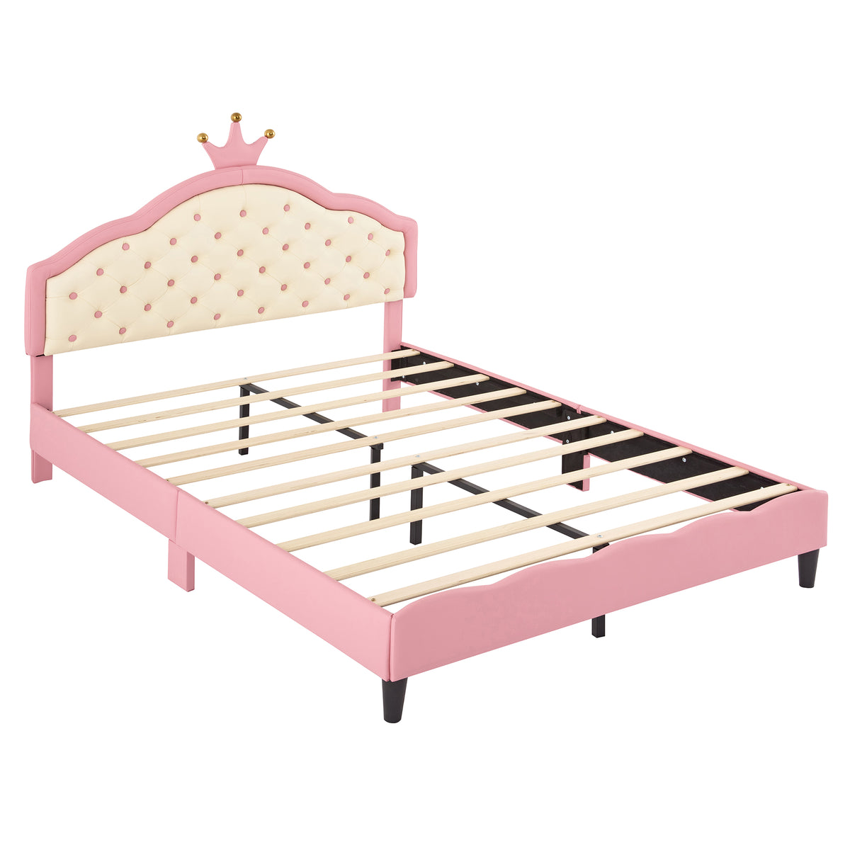variant-group:rf-n733p198762h|Roomfitters Full Size Upholstered Princess Bed with Crown Design, Elegant PU Leather Platform Bed with Tufted Headboard for a Stylish Bedroom, Pink + Cream
