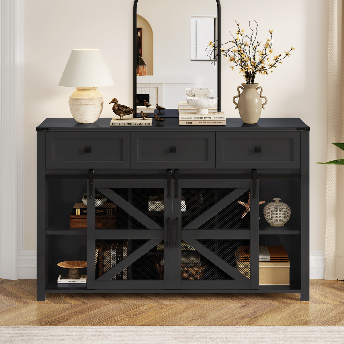 variant-group:rf-n711p347384b|Roomfitters 55" Sideboard Buffet Cabinet with 3 Drawers and Sliding Barn Doors, Farmhouse Storage for Kitchen & Dining, Black