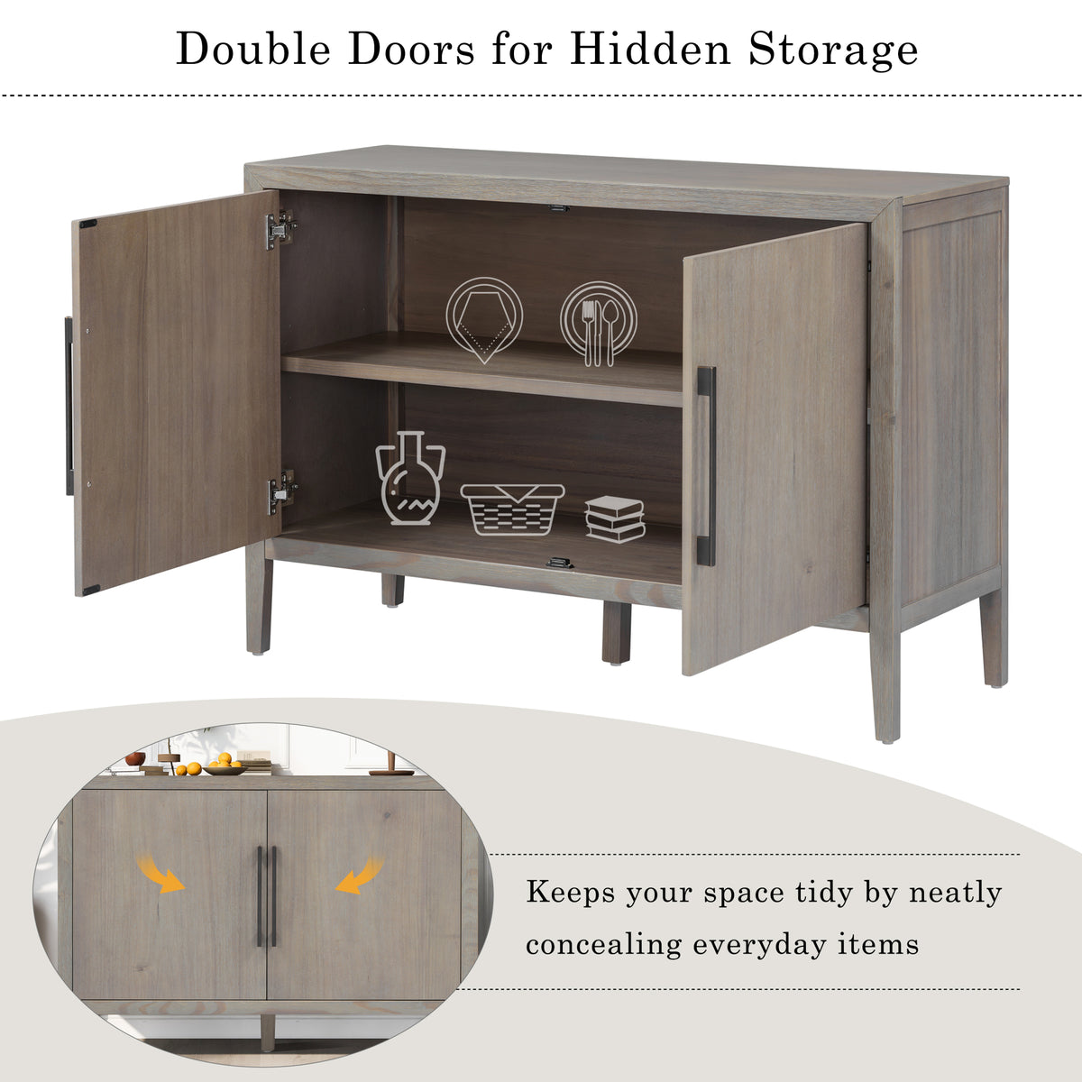 variant-group:rf-n711p410389e|Roomfitters 47.25-Inch Farmhouse Sideboard, 2-Door Buffet Cabinet, Grey Wooden Storage Console, Metal Handles