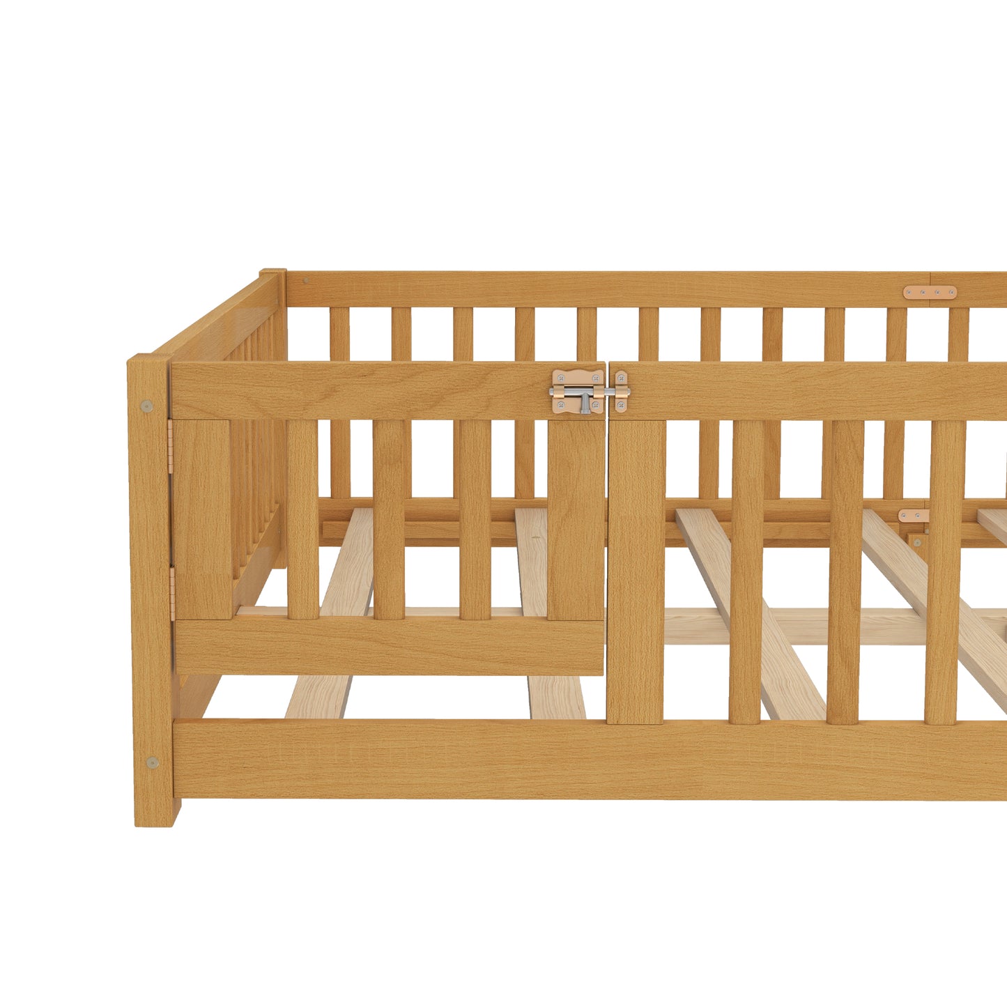 variant-group:rf-w1580p338954|Roomfitters Wooden Queen Floor Bed Frame with Door & Safety Guardrails, Low Platform Design for Bedroom or Playroom, Natural