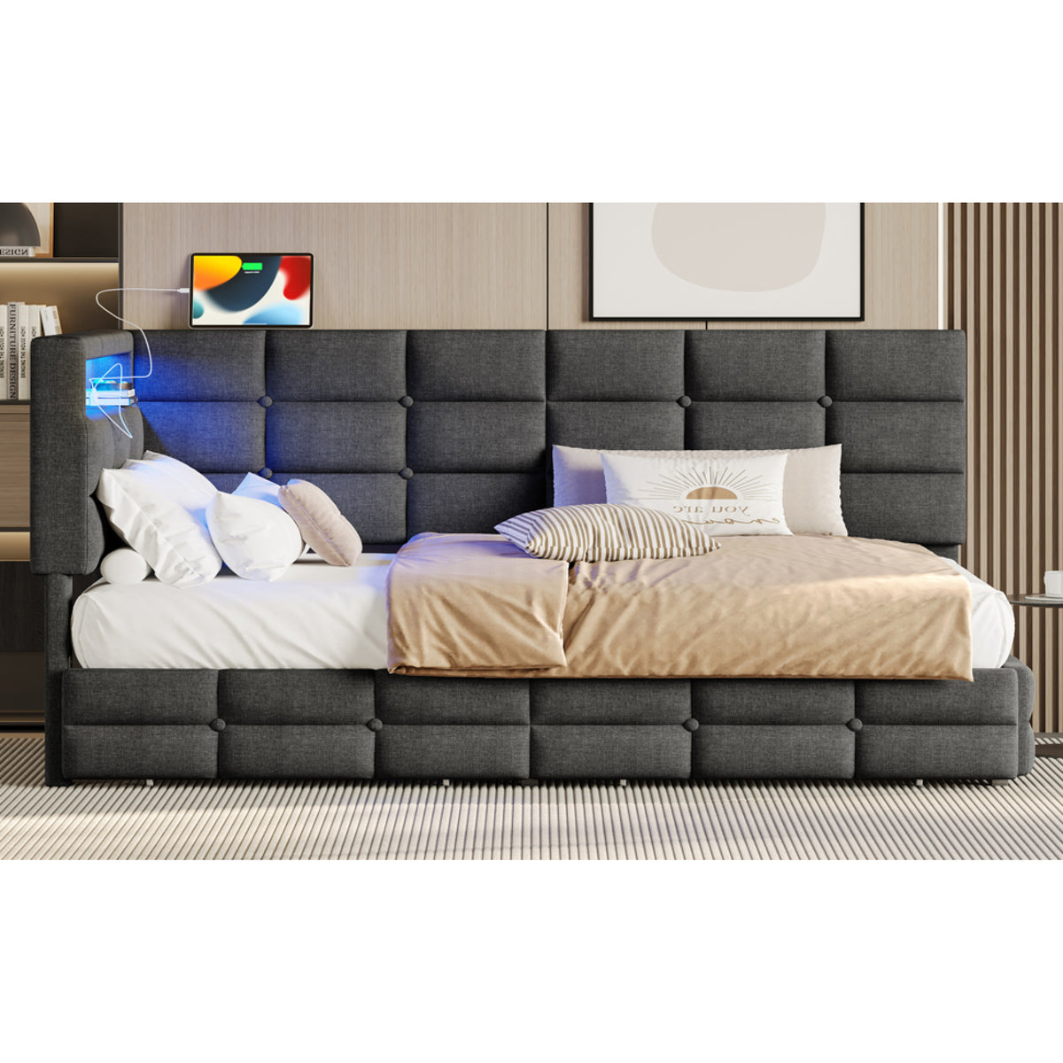 variant-group:rf-n733p285121e|Roomfitters Upholstered Twin Size Daybed with Storage Drawers and Charging Station, Bed Frame with Storage Headboard, No Box Spring Needed, Gray