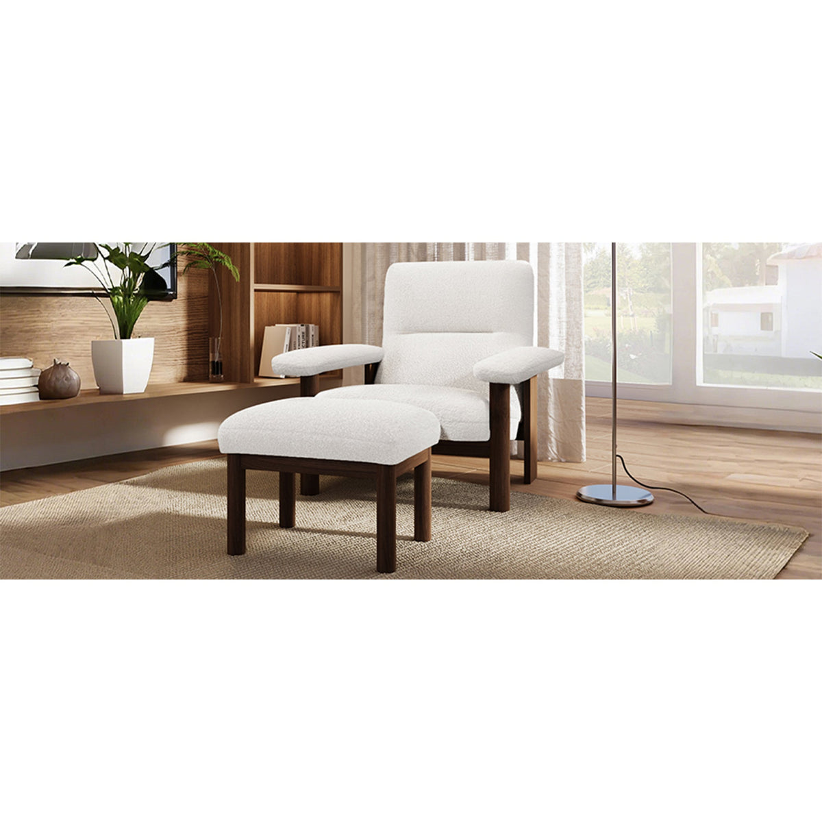 Roomfitters Mid-Century Accent Chair with Ottoman, Fabric Upholstered Armchair and Footrest Set with Wood Frame, White Roomfitters