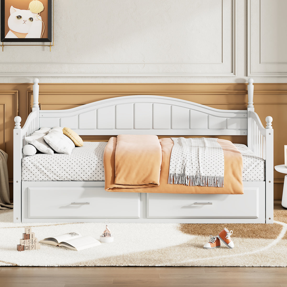 variant-group:rf-n733s173459k|Roomfitters Wooden Twin Size Daybed with Extendable Frame, Twin Trundle and Additional Storage Drawers, White