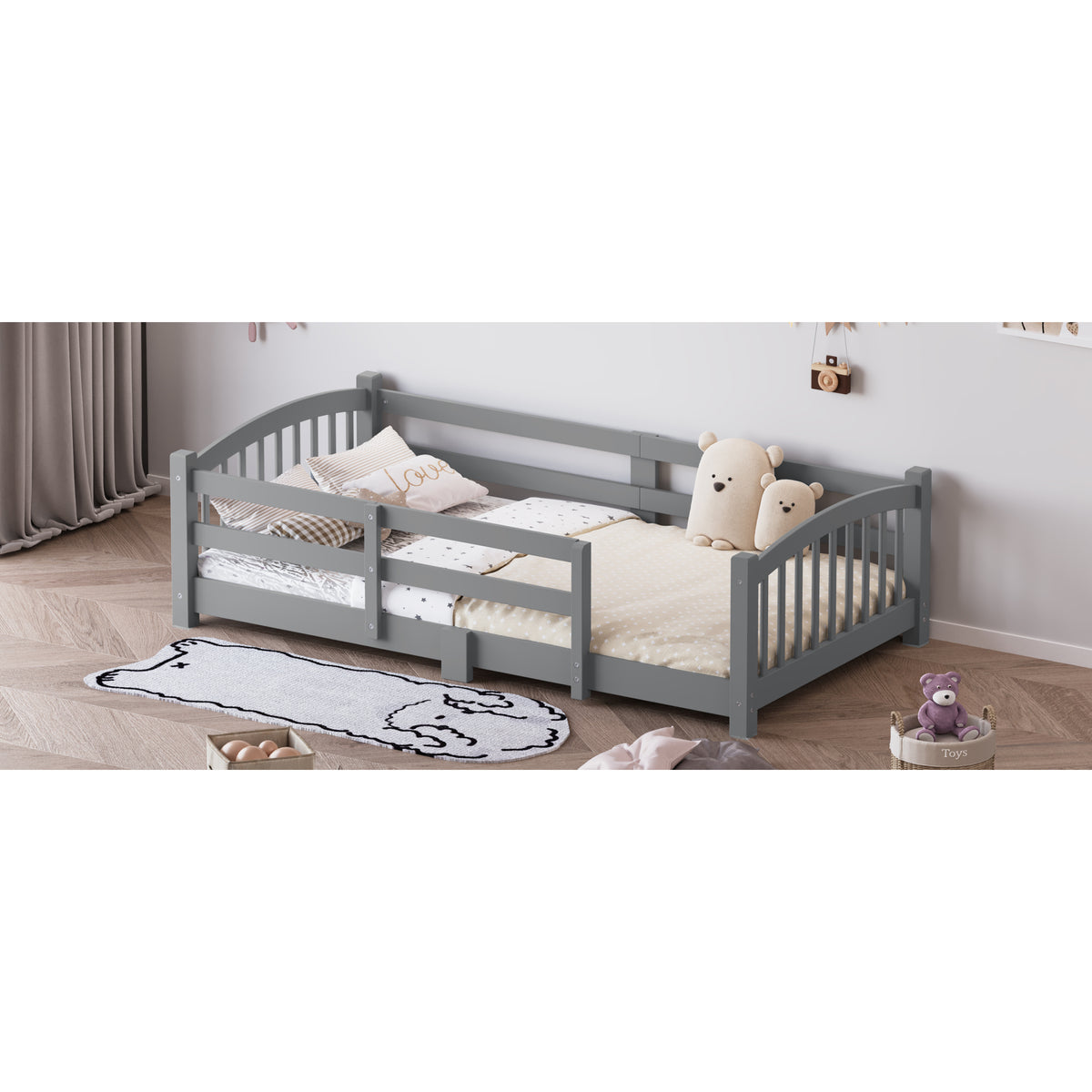 variant-group:rf-n733p400298e|Roomfitters Twin Montessori Floor Bed with Guardrails, Solid Wood Low Platform Bed with Slats, Easy Assembly, Gray