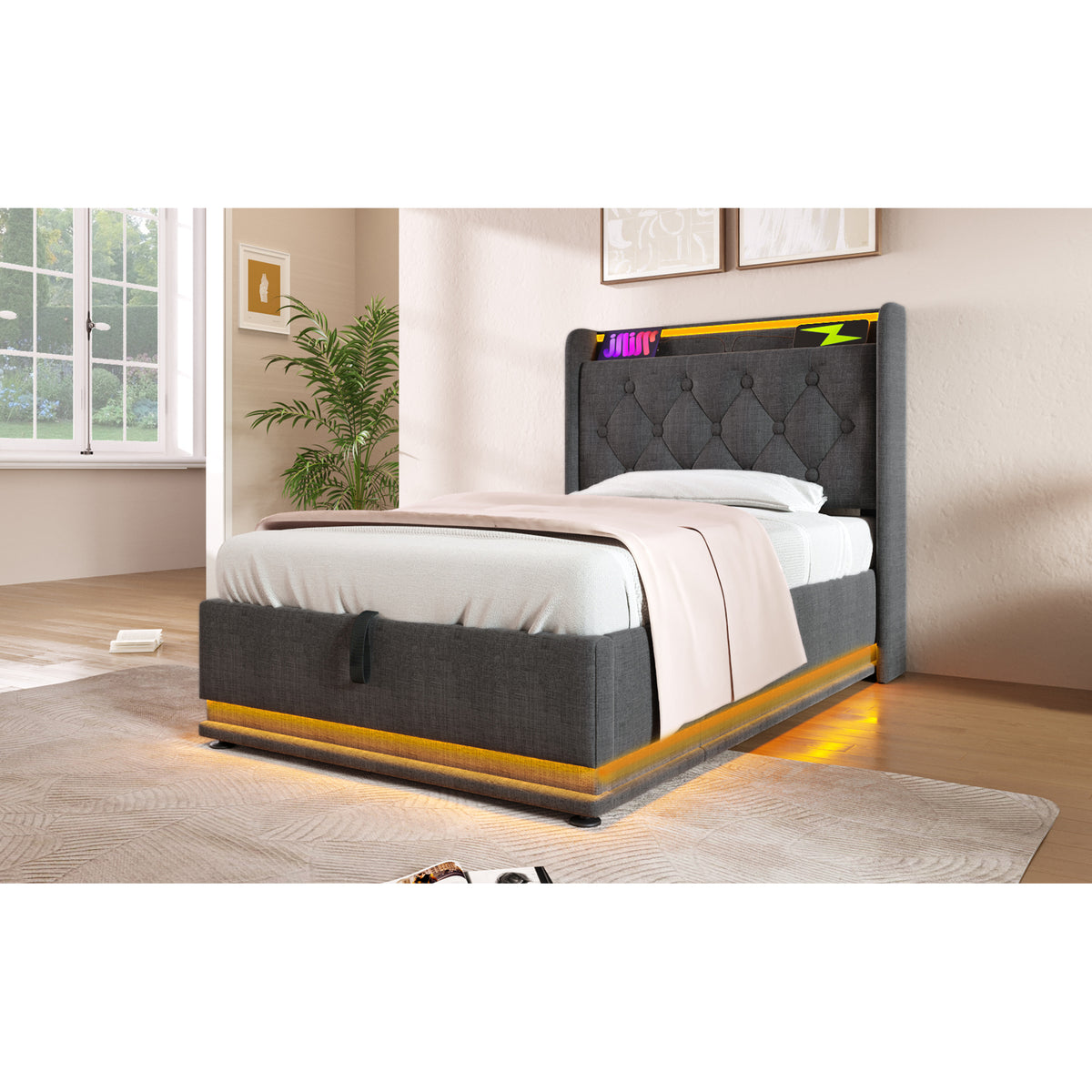 variant-group:rf-n736p188805g|Roomfitters Twin Size Upholstered Storage Bed with USB Type-C Charging and Remote Control, Linen Gray