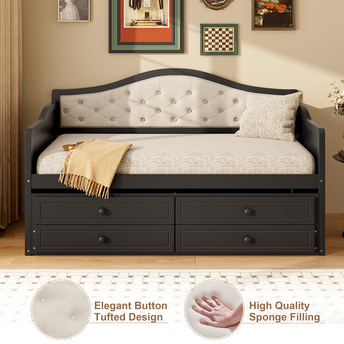 variant-group:rf-n733s346767p|Roomfitters Twin Daybed with Trundle, Wooden Sofa Bed with 2 Storage Drawers & Tufted Backrest, Black
