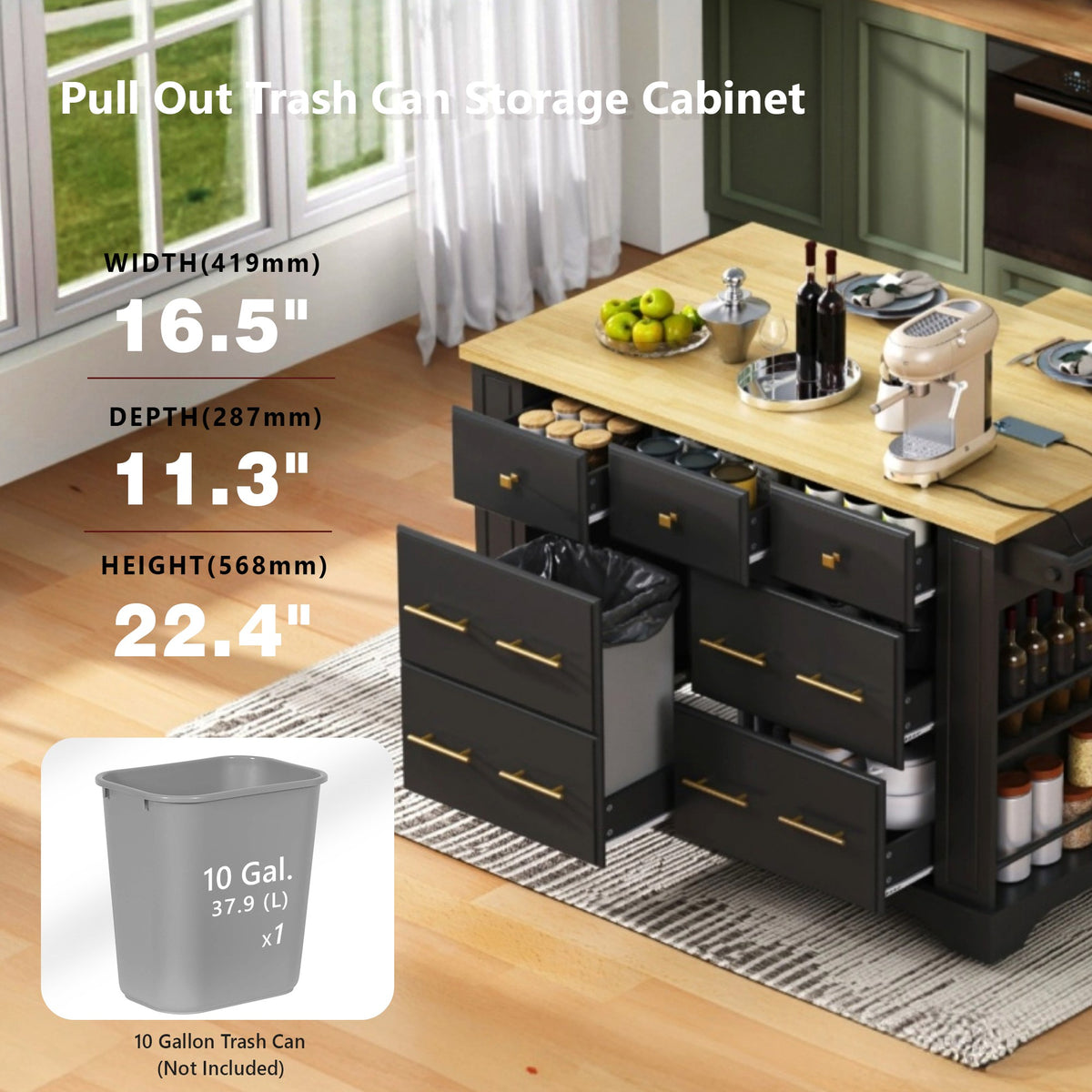 variant-group:rf-n707s307292b|Roomfitters 51" Kitchen Island with Power Outlet and Drop Leaf, Rolling Cabinet with Pull-Out Trash Can Drawer, Black