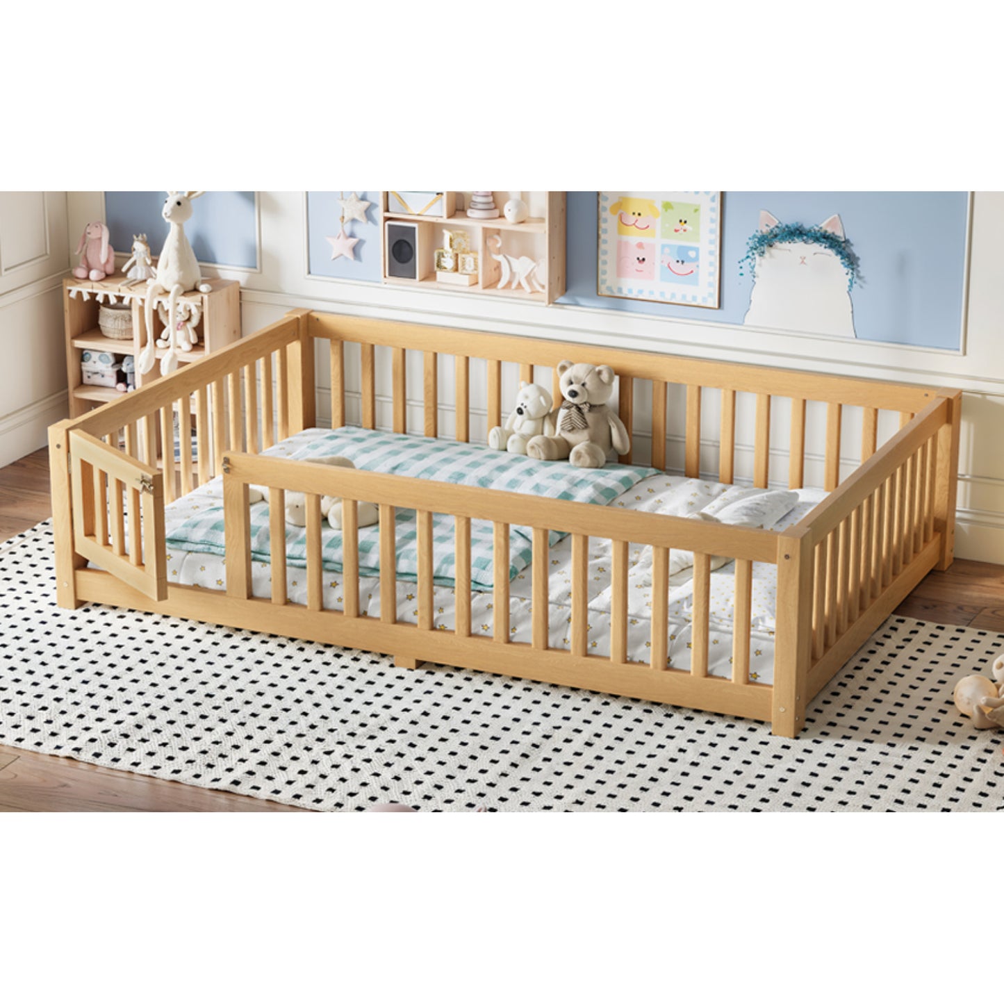 variant-group:rf-w1580p462323|Roomfitters Full Size Wooden Floor Bed Frame with Safety Guardrails Door, Solid Wood Low Profile Toddler Play Bed, Natural