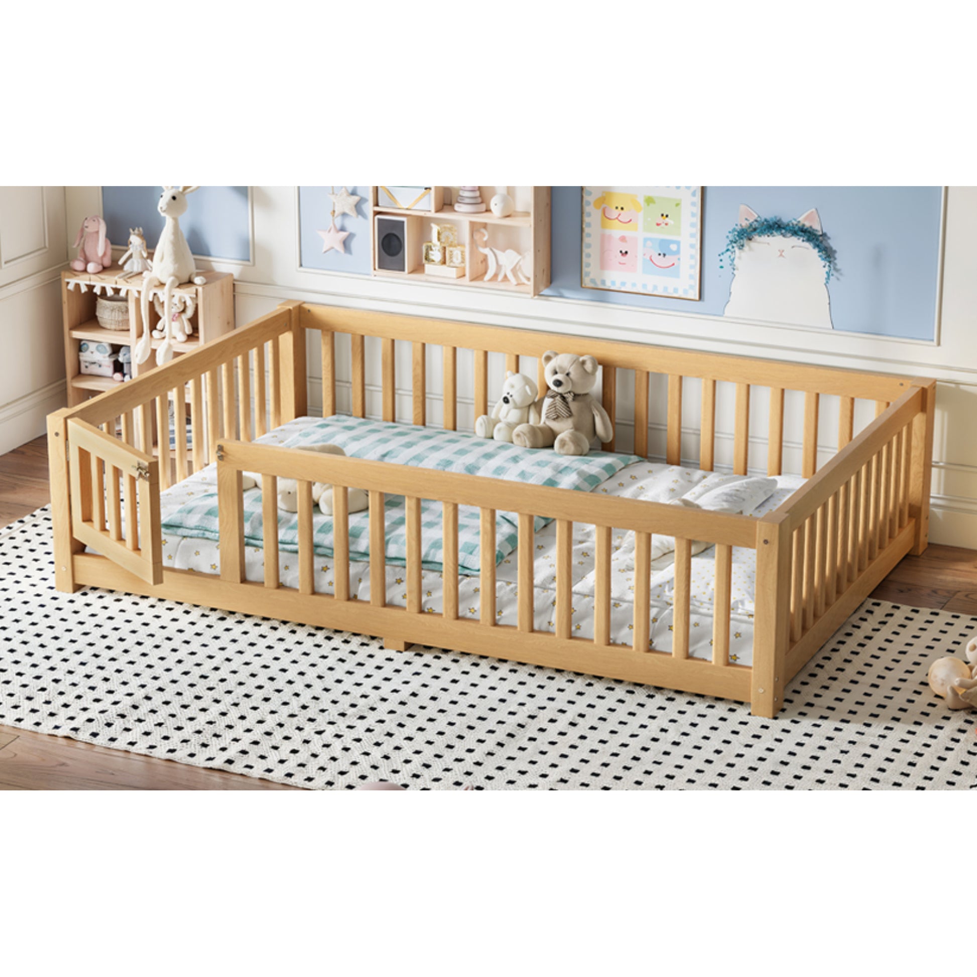 variant-group:rf-w1580p462323|Roomfitters Full Size Wooden Floor Bed Frame with Safety Guardrails Door, Solid Wood Low Profile Toddler Play Bed, Natural