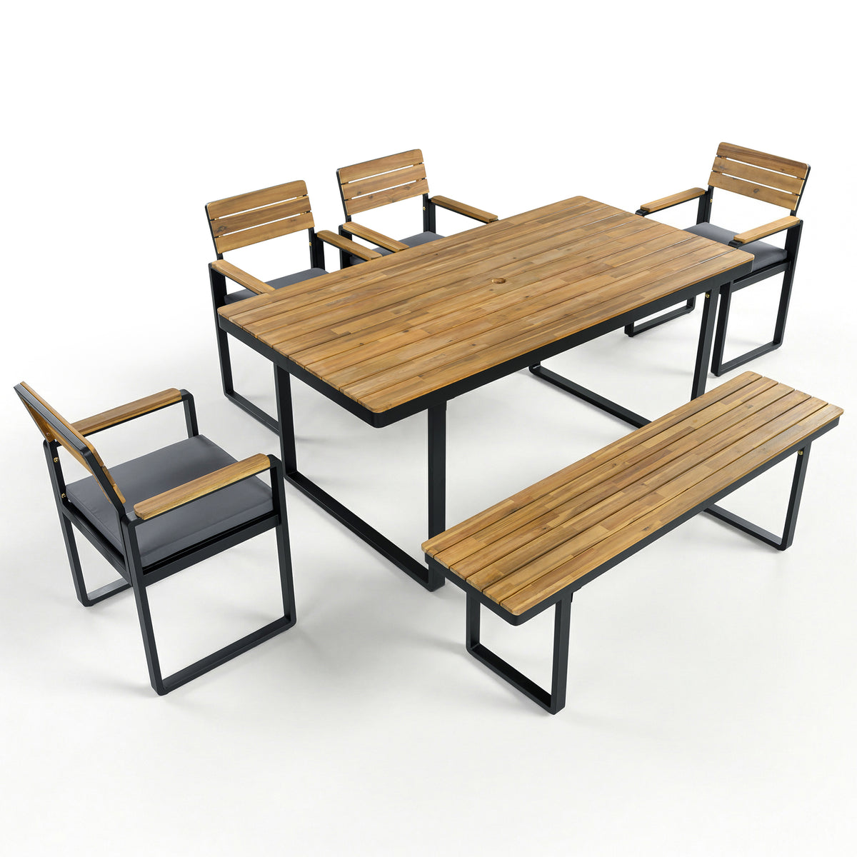 variant-group:rf-n704g201255e|Roomfitters 6-Piece Solid Acacia Wood Patio Dining Set with Steel Frames and Cushion Chairs Gray