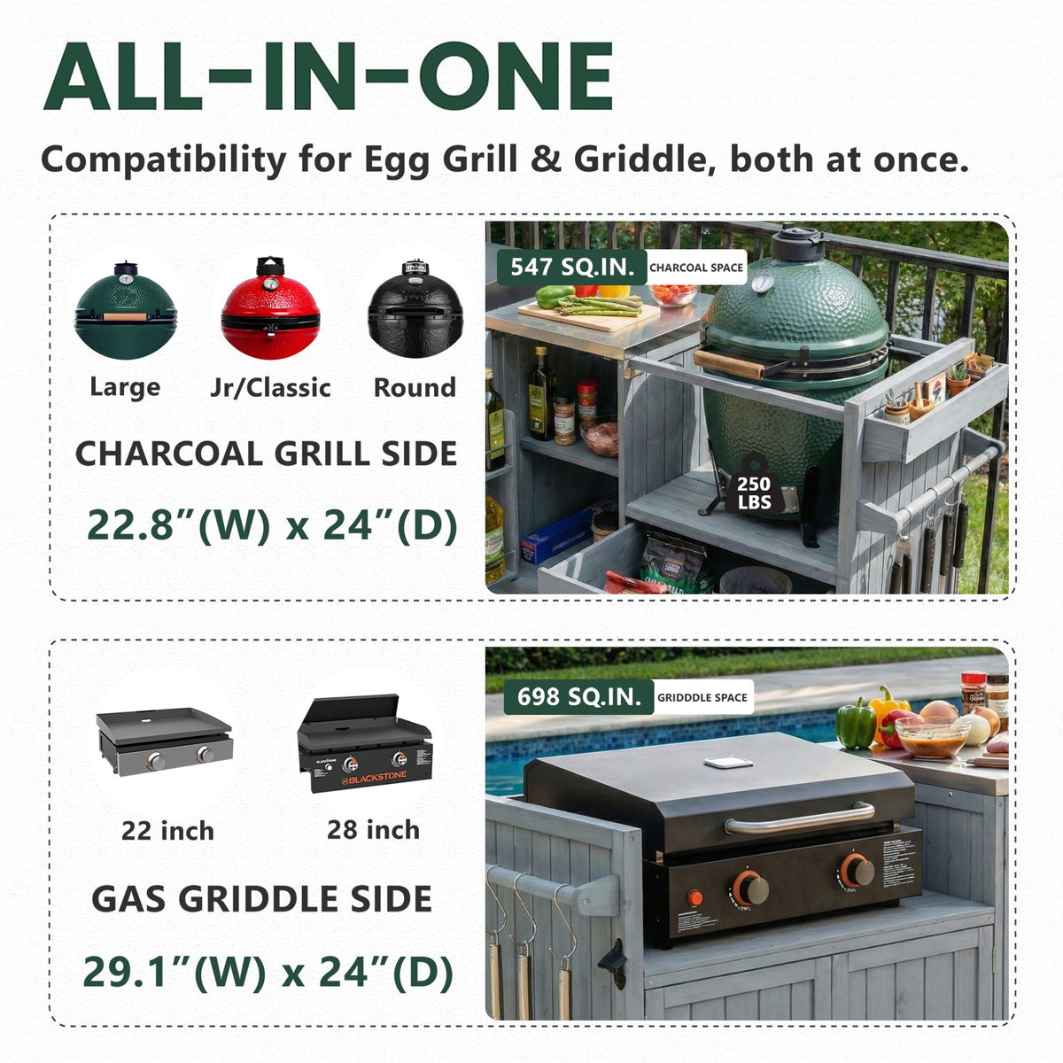 variant-group:rf-n707p392140g|Roomfitters 80.5" Extra Large Grill Cart, Outdoor Kitchen Prep Station with Stainless Steel Top & Kamado Grill Stand, Grey+Blue