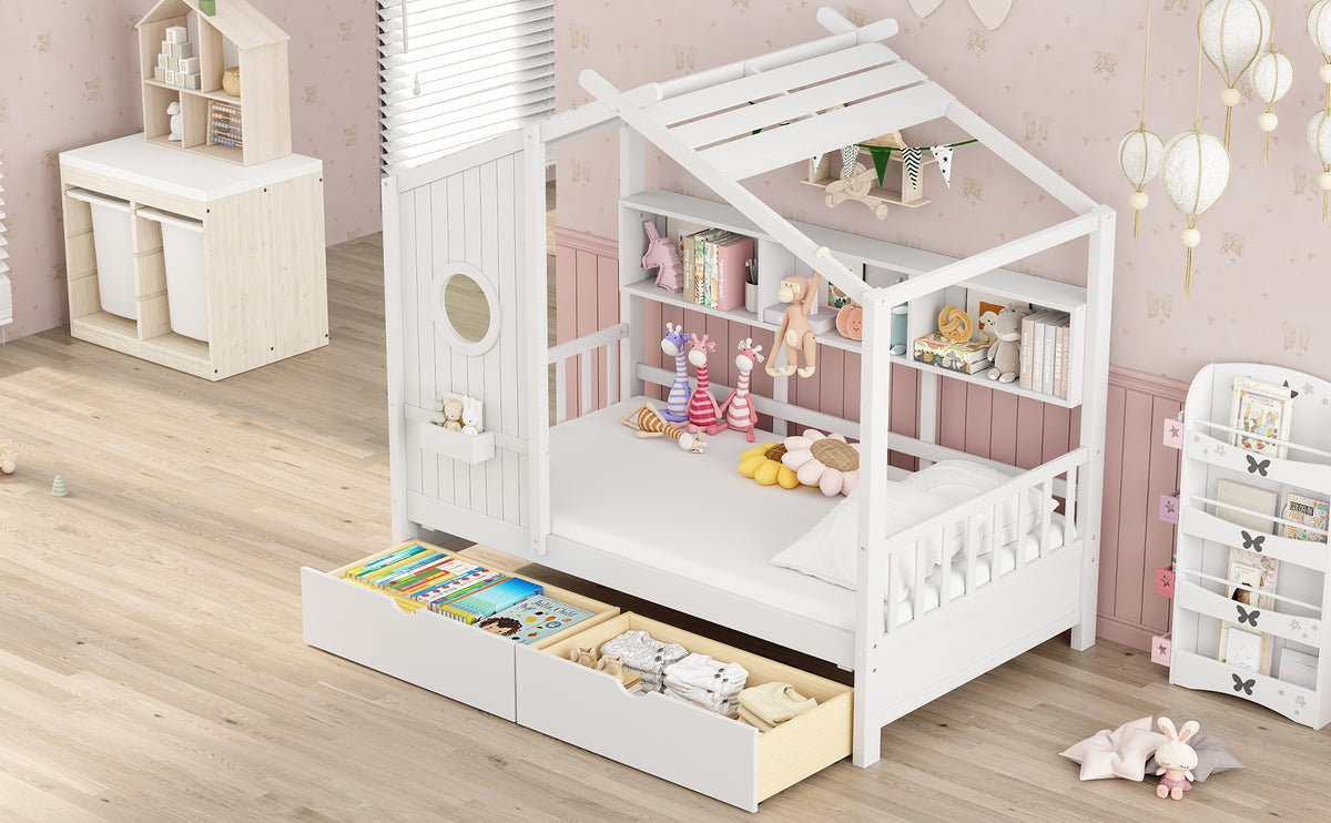 variant-group:rf-n733s308483k|Roomfitters Wooden Twin Size House Bed with 2 Drawers and Storage Shelf, White