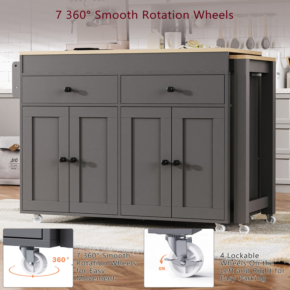 variant-group:rf-n707p333291g|Roomfitters 74.8" Rolling Kitchen Island with Extendable Dining Table, Mobile Cart with 4 Doors, 2 Drawers & Spice Rack, Grey