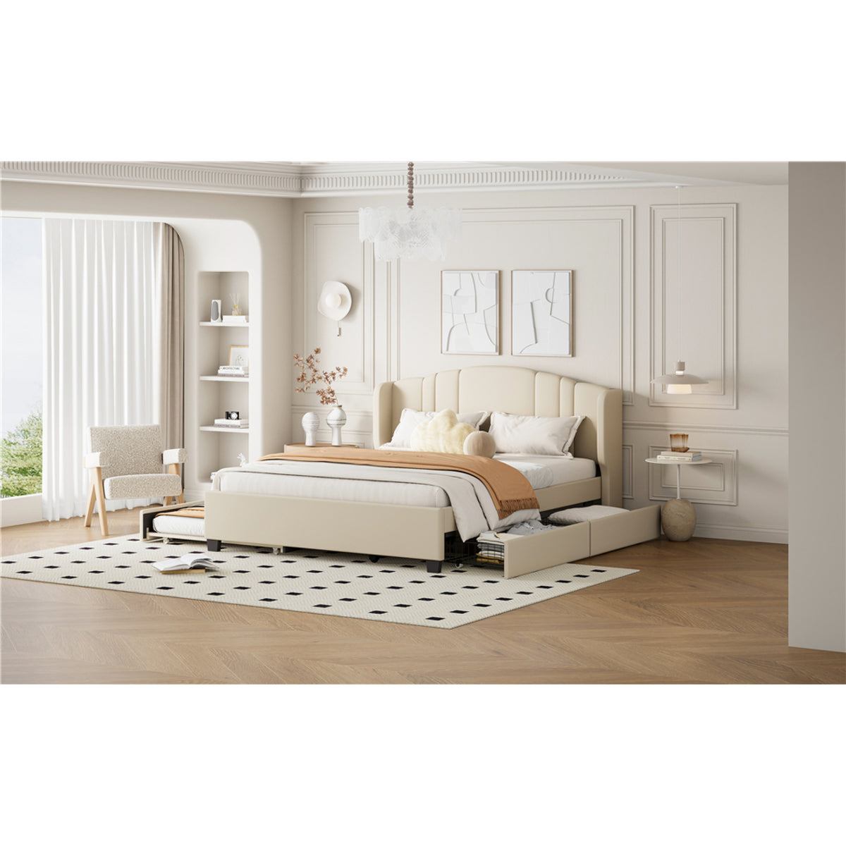variant-group:rf-n733s208132a|Roomfitters Twin Size Trundle Upholstered Platform Bed with Wingback Headboard and 2 Drawers, No Box Spring Needed, Linen Fabric, Queen Size, Beige