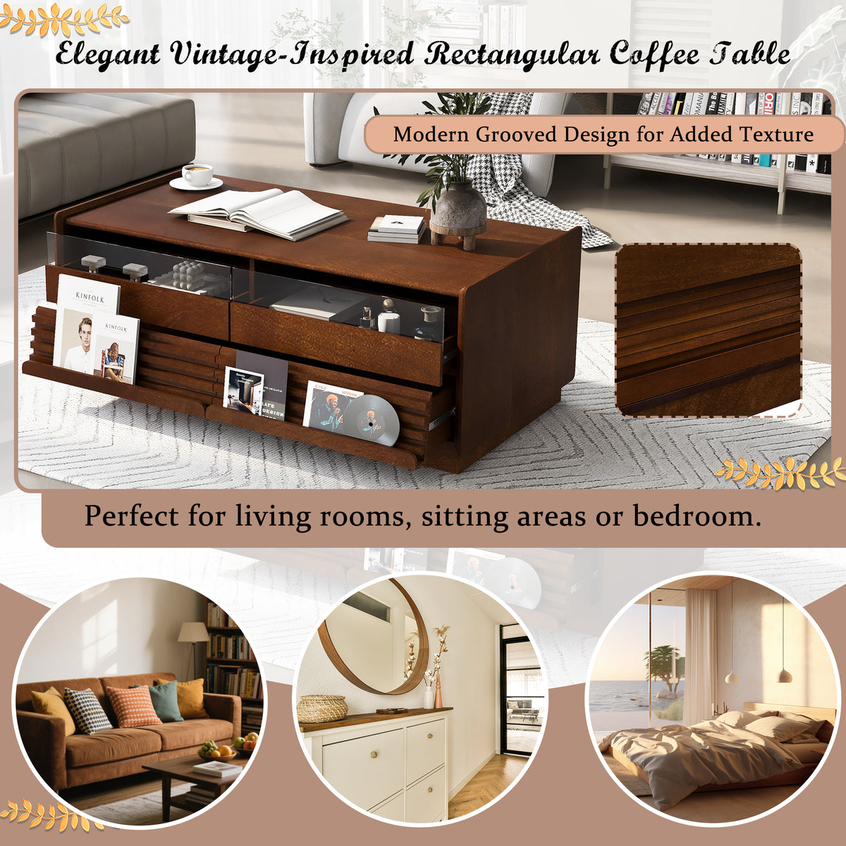 variant-group:rf-n724p286421d|Roomfitters Rectangle Coffee Table with Fluted Style, 4 Storage Compartments and Glass Display Shelves, Brown