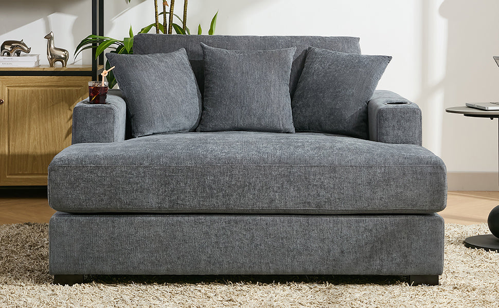 Roomfitters Oversized Chaise Lounger Sofa Couch, Upholstered Accent Chair Charge Station Cup Holders, Blue Gray