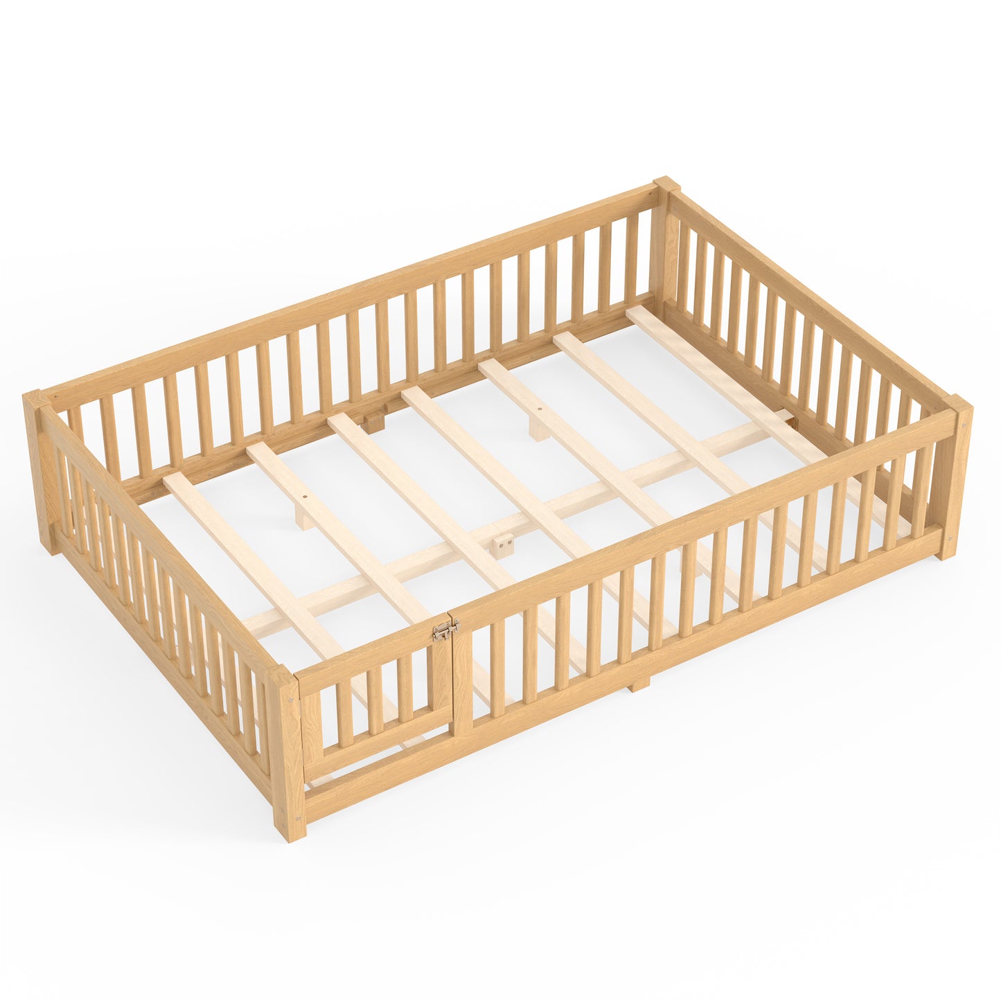 variant-group:rf-w1580p462325|Roomfitters Queen Size Wooden Floor Bed Frame with Safety Guardrails Door, Solid Wood Low Profile Toddler Play Bed, Natural