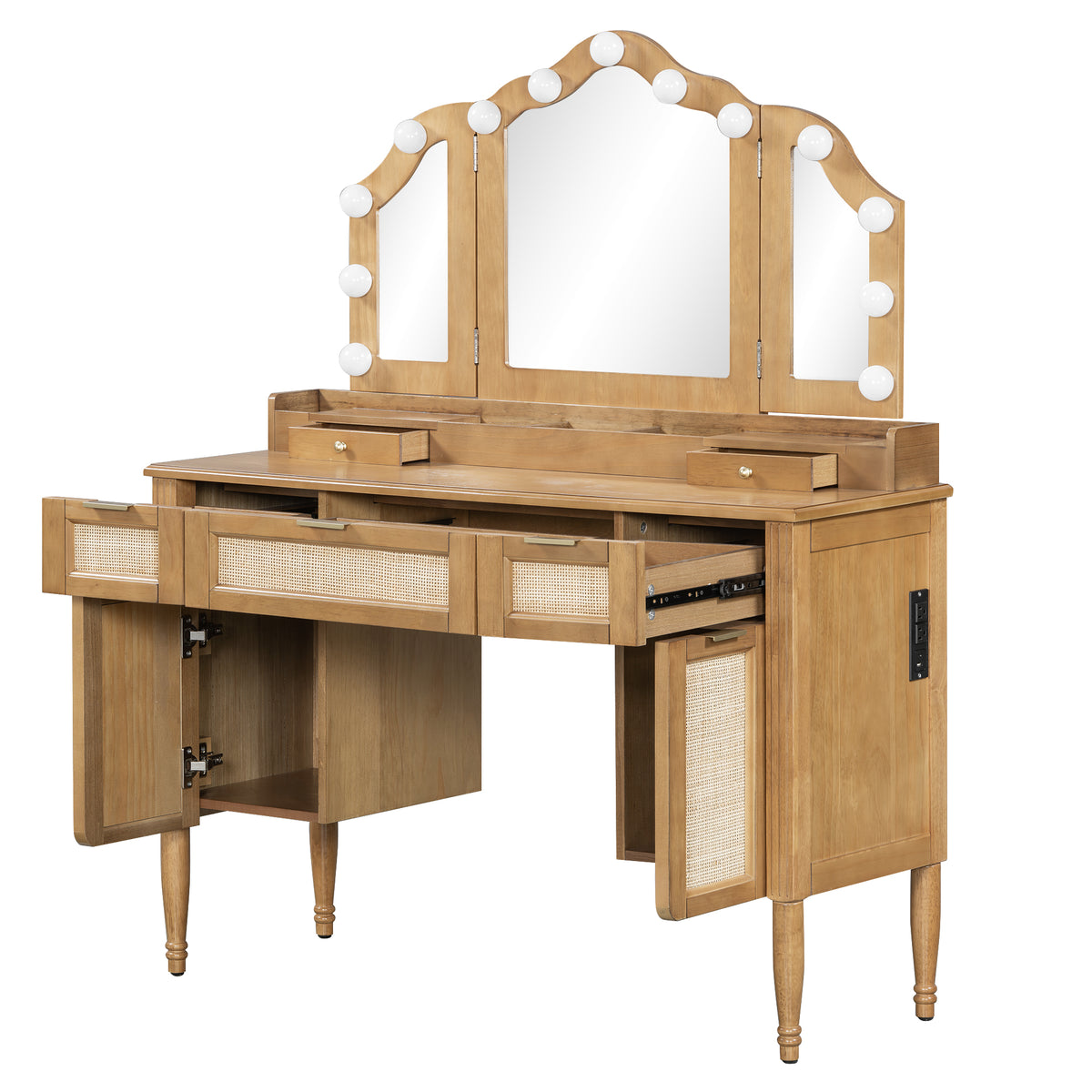 variant-group:rf-n704p342558n|Roomfitters 44-Inch Bohemian Makeup Vanity Desk with 13 Hollywood Bulbs Tri-Fold Mirror and Bamboo Drawers Natural