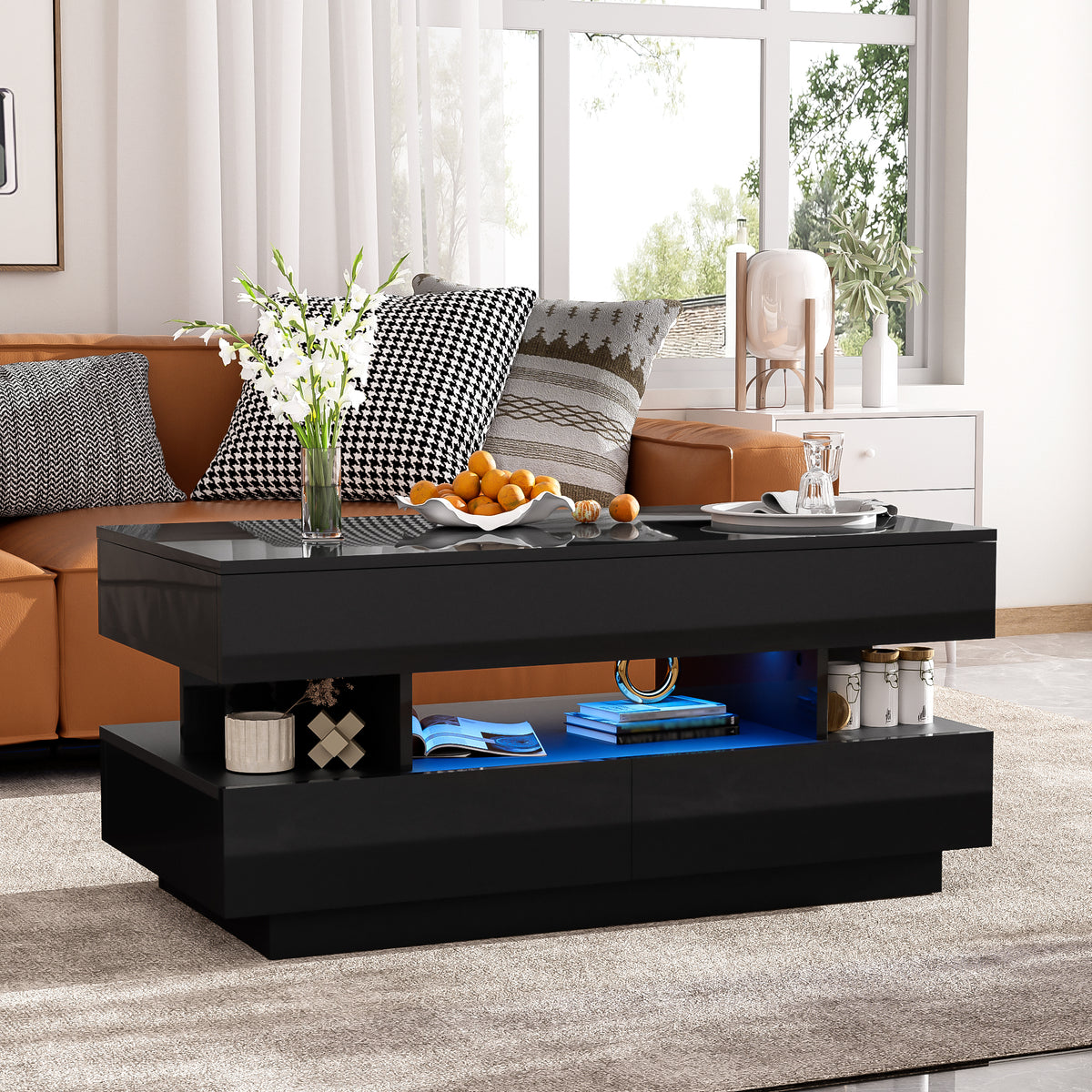 variant-group:rf-n724p290058b|Roomfitters Lift-Top Coffee Table with Hidden Storage and 2 Drawers, Multi-Functional Modern Table, Black