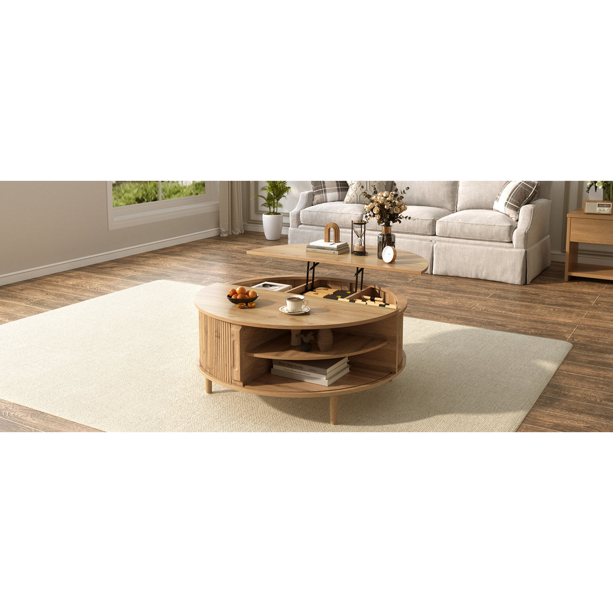 variant-group:rf-n724p416053d|Roomfitters Minimalist Round Lift-Top Coffee Table with Side Sliding Door, Acacia Wood