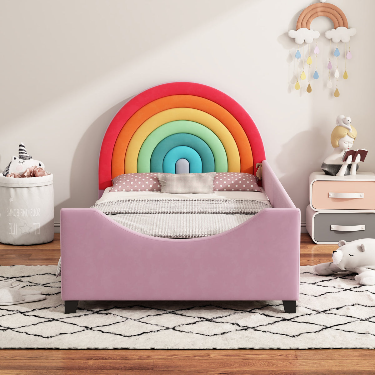 Roomfitters Twin Size Rainbow Upholstered Daybed Frame, Low to Ground Cute Princess Bed, Enclosed Fence, Colorful & Pink Roomfitters
