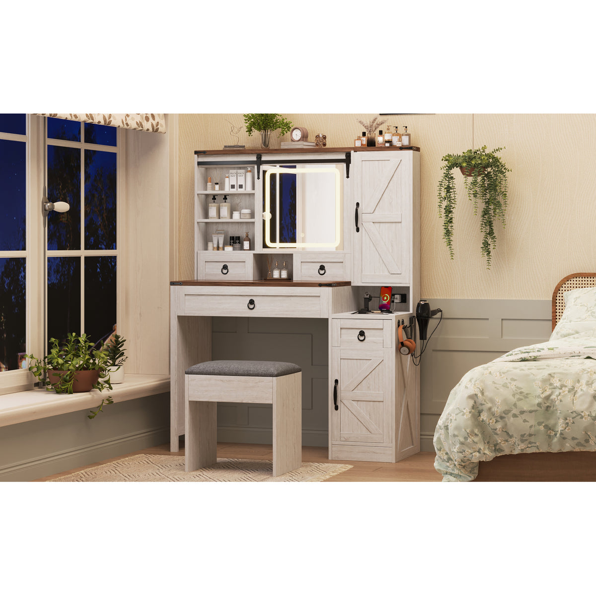 variant-group:rf-n733p340562k|Roomfitters Farmhouse Vanity Desk with Sliding Mirror & Lights, Glass Top, Charging Station, 4 Drawers, 2 Cabinets, Stool, White