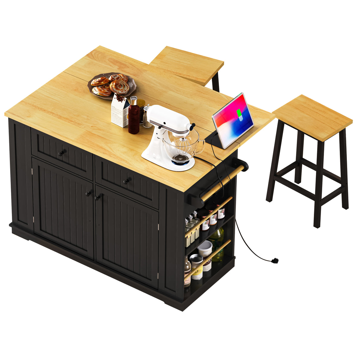 variant-group:rf-n707s257057b|Roomfitters 48" Kitchen Island with Power Outlet and Drop Leaf, Rolling Storage Cabinet with Wood Top and Spice Rack, Black