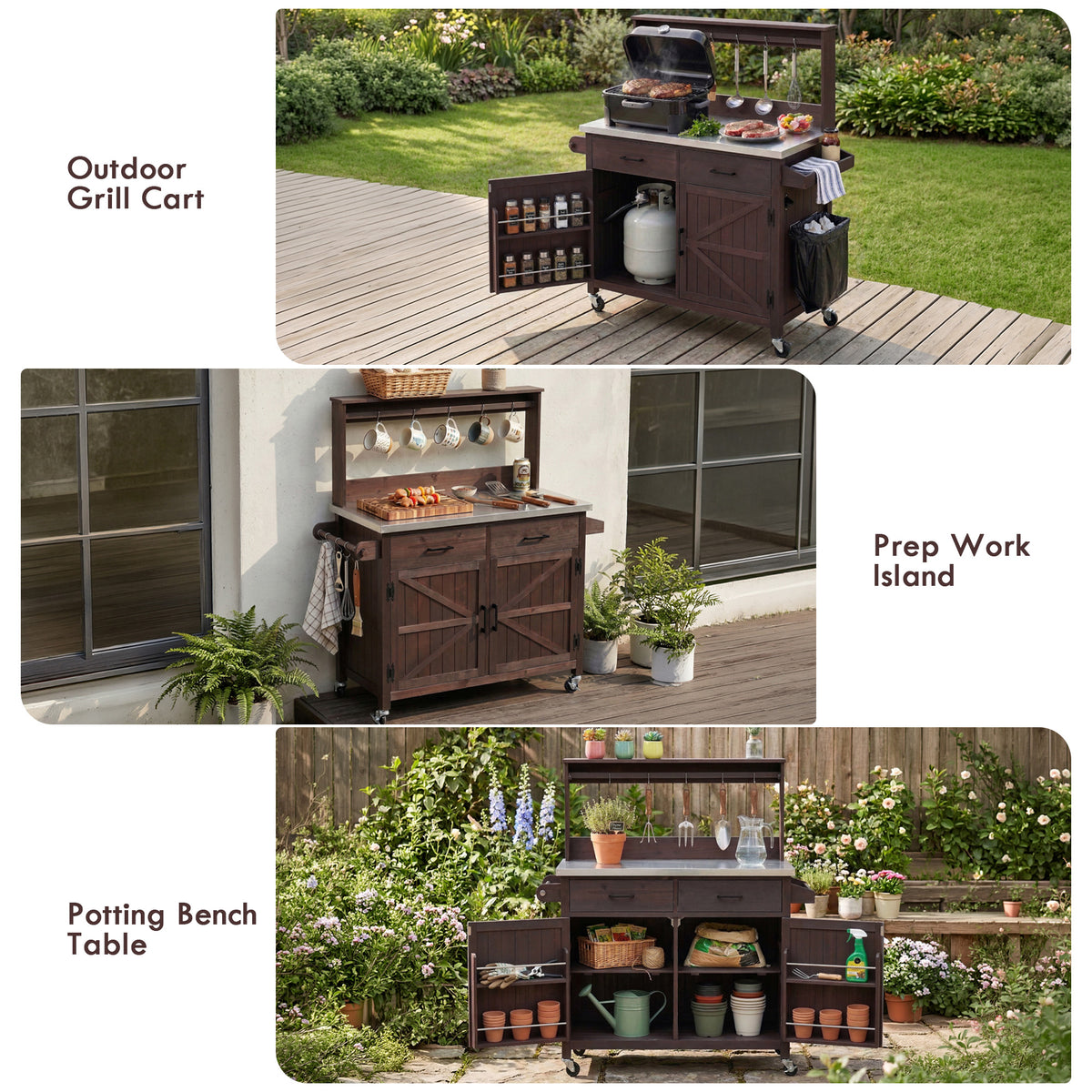 variant-group:rf-n707p409087z|Roomfitters 54.1" Grill Cart, Outdoor Kitchen Prep Station with Stainless Steel Top and Propane Tank Storage, Dark Brown