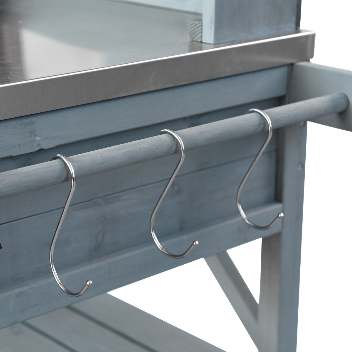 variant-group:rf-n707p228274g|Roomfitters 64.9" Outdoor Potting Bench Table, Rolling Kitchen Island with Hutch, Stainless Steel Top, Storage, Grey Blue
