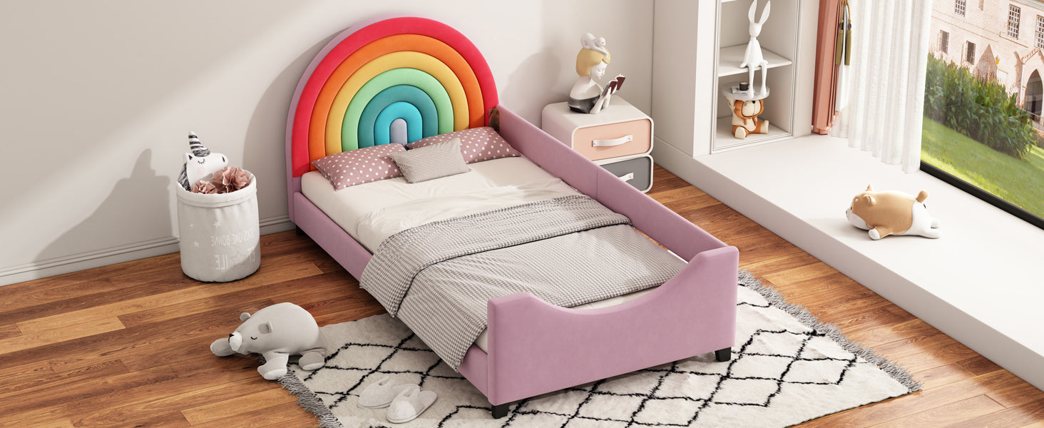 Roomfitters Twin Size Rainbow Upholstered Daybed Frame, Low to Ground Cute Princess Bed, Enclosed Fence, Colorful & Pink Roomfitters