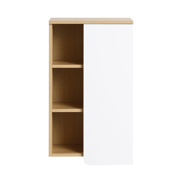 16" Wall-Mounted Bathroom Side Cabinet, Light Oak, Single Door with 3-Tier Open Shelves, KD Cabinet, Dual-Color Door Panels (White & Black), Plywood Construction